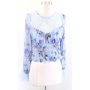 NWT Free People Daphne Blue Floral Lace Smocked Top Blouse Size S Cropped Boho